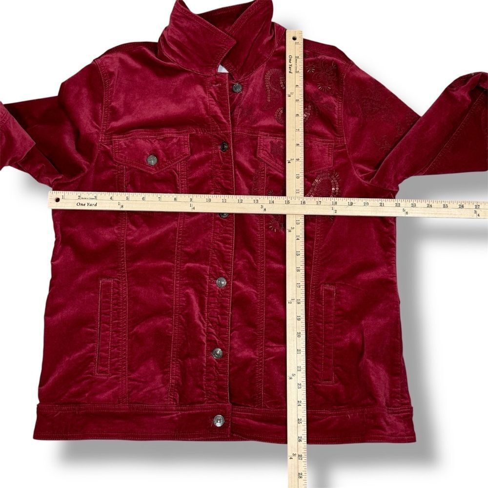 Chicos Boho Jacket Women XL 3 Red Velour Paisley Embroidered Beaded‎ Trucker - Picture 13 of 14